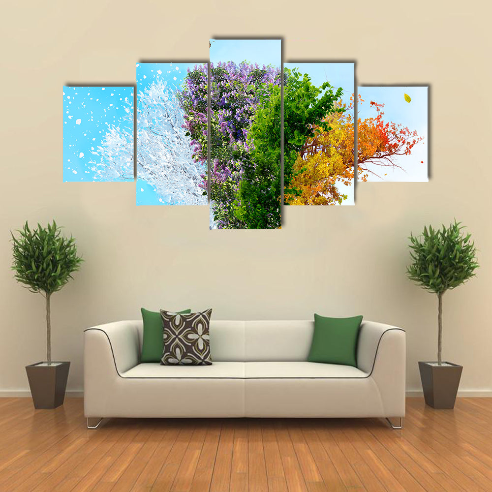 A Tree Representing The Four Seasons Of An Year, Multi Panel Canvas Wall Art