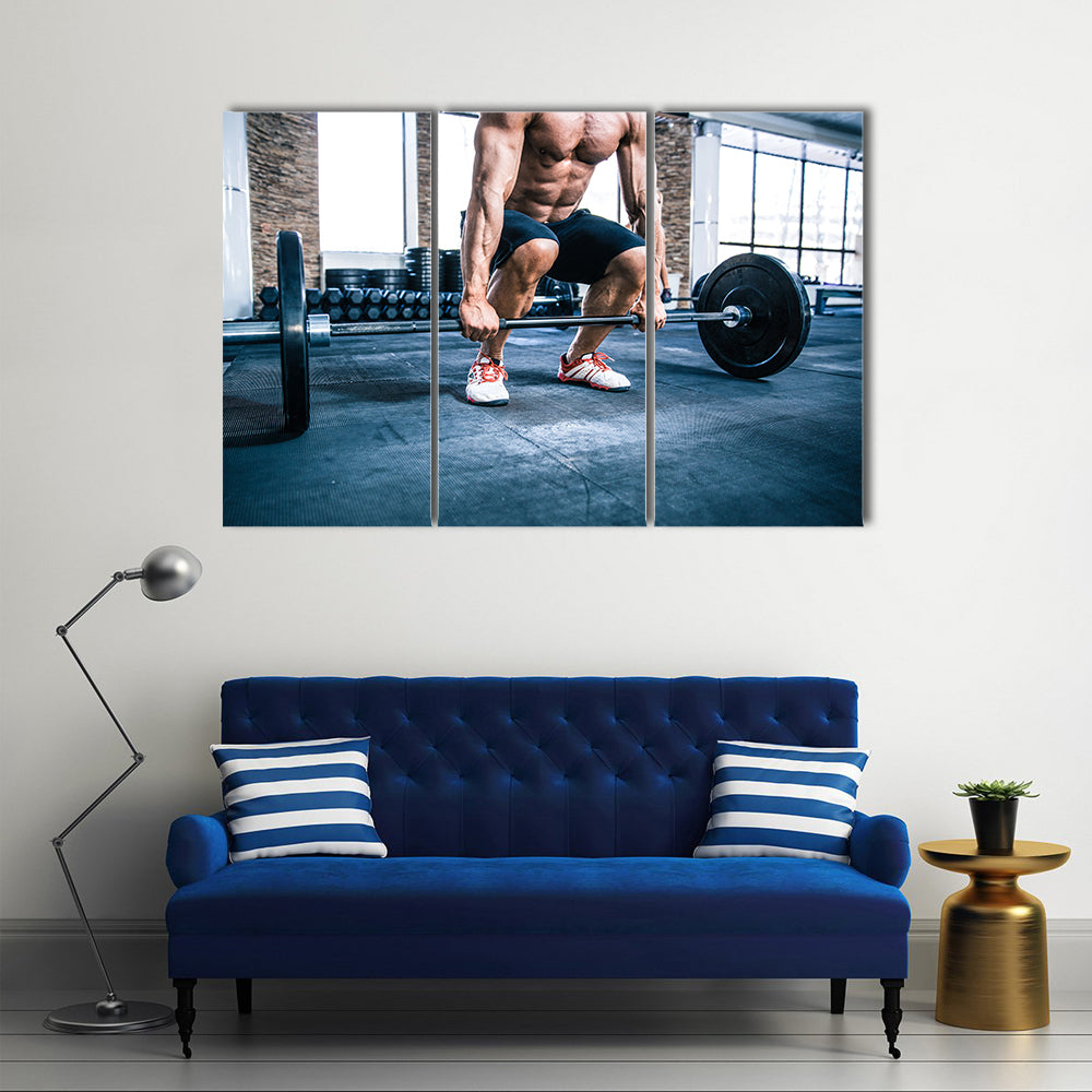 Close up portrait of a muscular man workout with barbell at gym, Multi panel canvas wall art