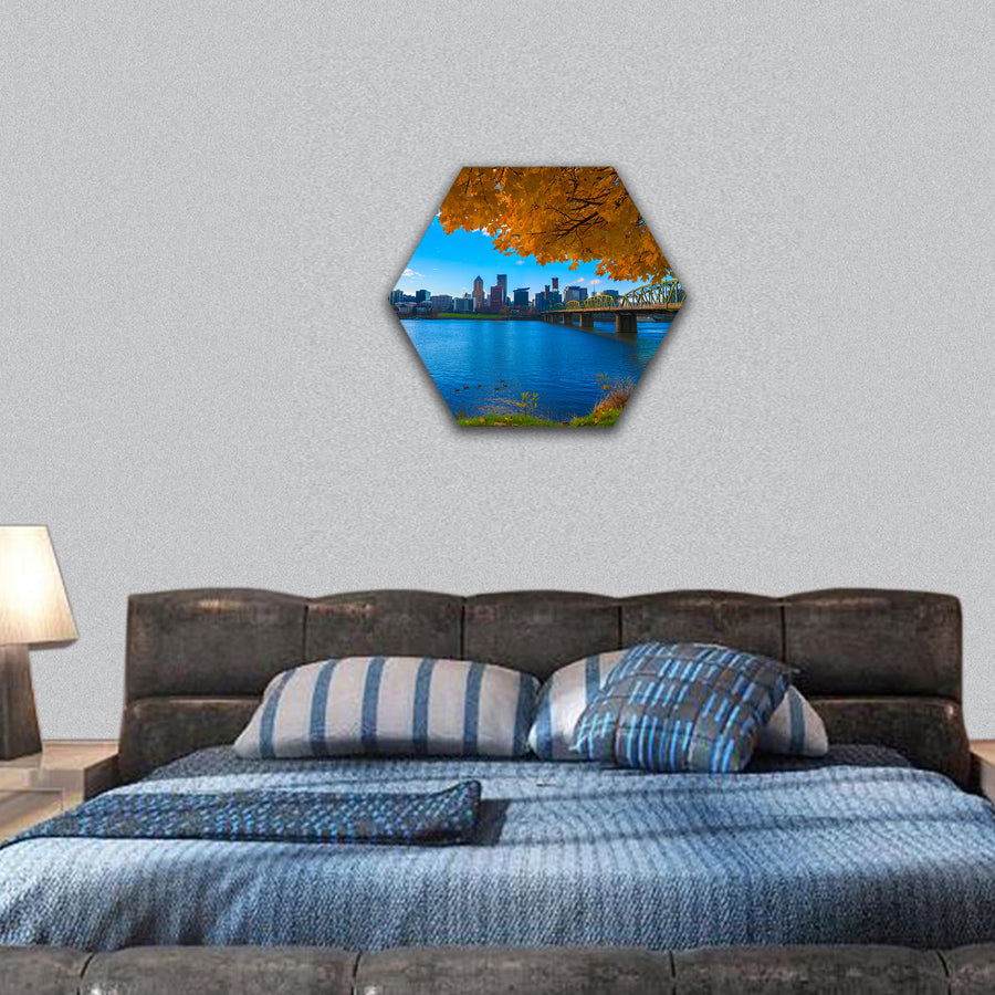 View of Portland, Oregon overlooking the Willamette river hexagonal canvas wall art