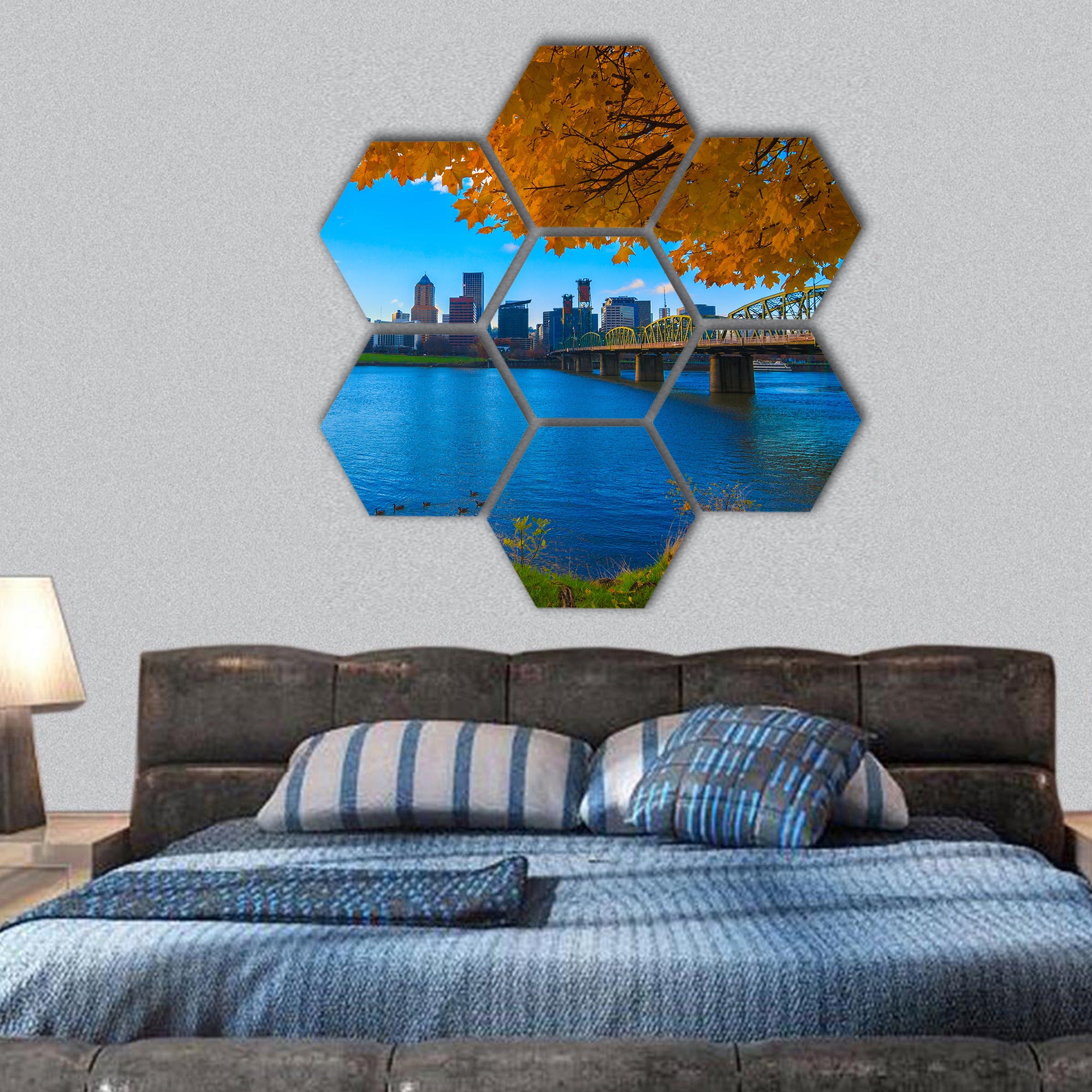 View of Portland, Oregon overlooking the Willamette river hexagonal canvas wall art