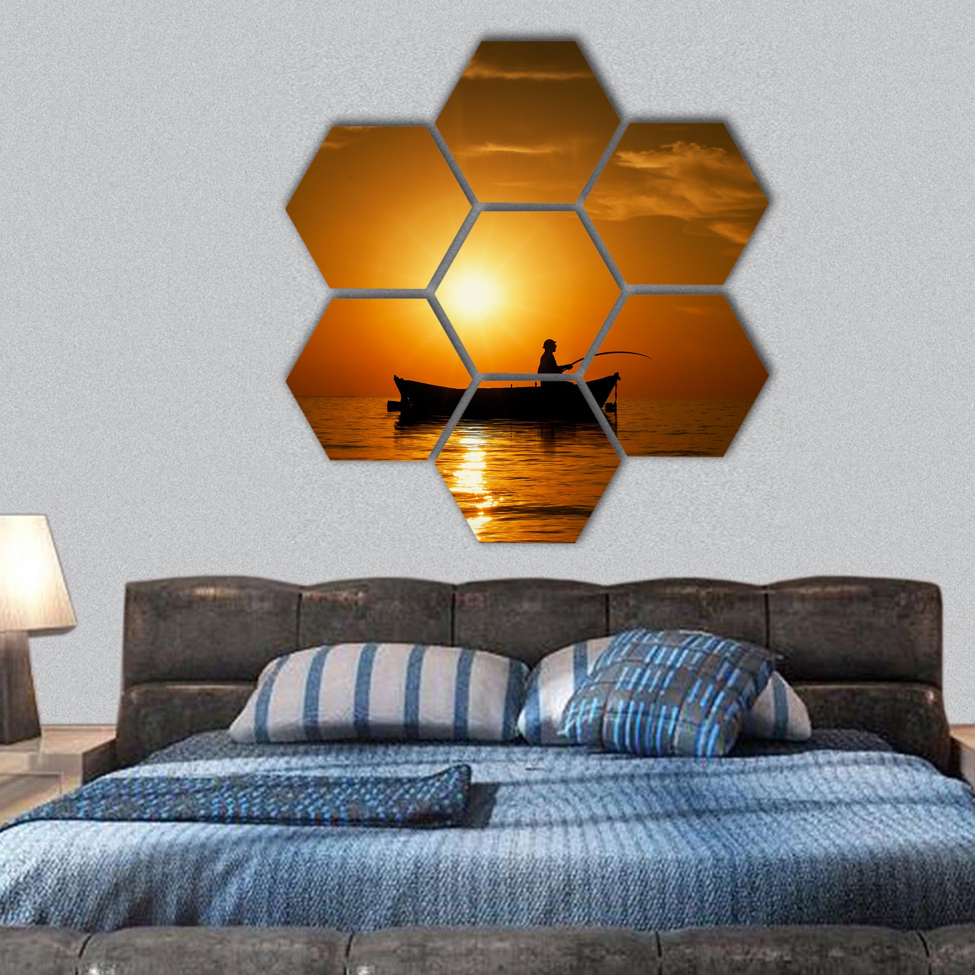 Man fishing on Beautiful sunset hexagonal canvas wall art