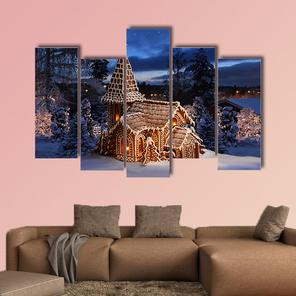 Gingerbread church on snowy Christmas night multi panel canvas wall art