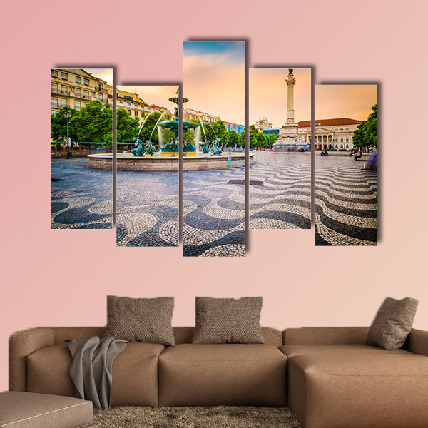 Lisbon, Portugal cityscape at Rossio Square multi panel canvas wall art