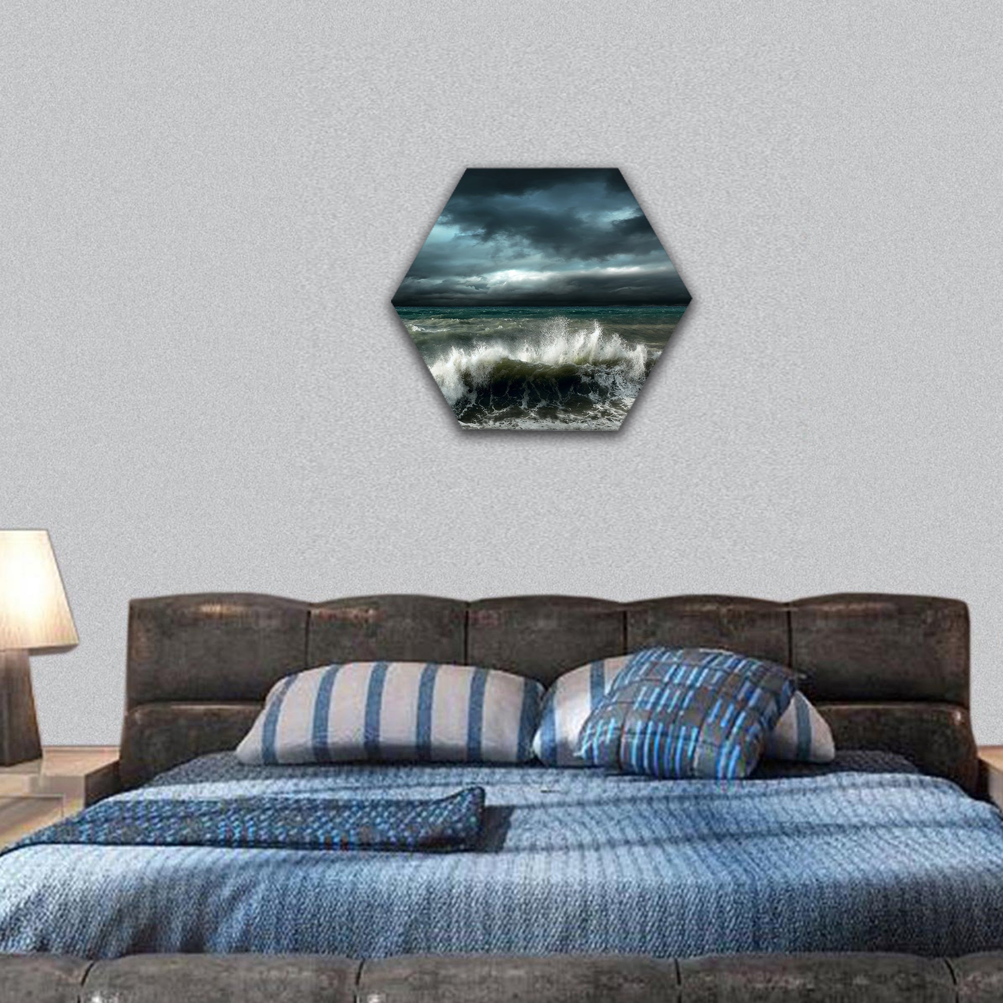 View of storm seascape hexagonal canvas wall art