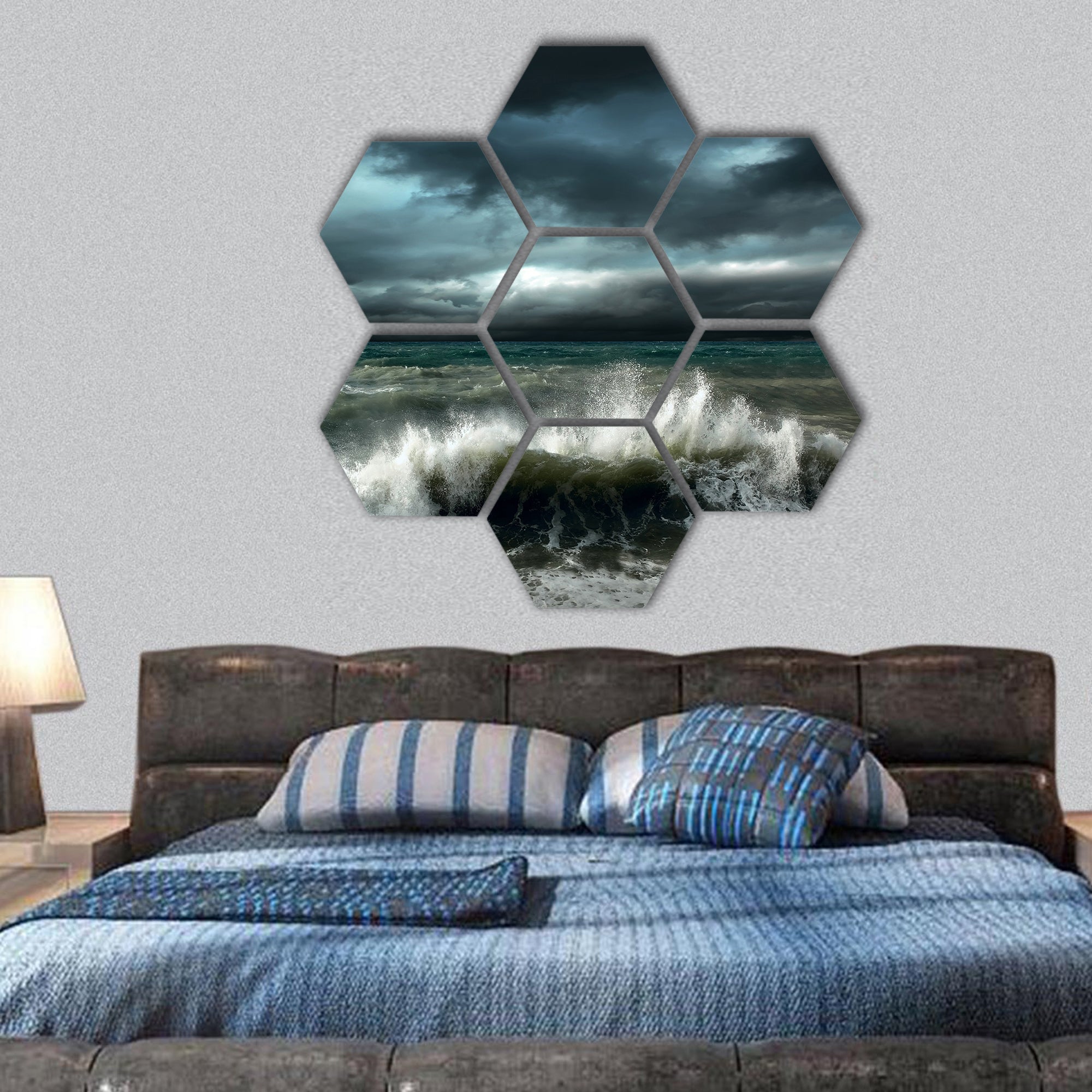 View of storm seascape hexagonal canvas wall art