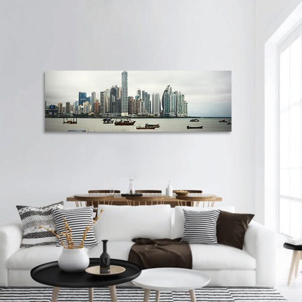 Old boats at Modern City. Panama City view panoramic canvas wall art
