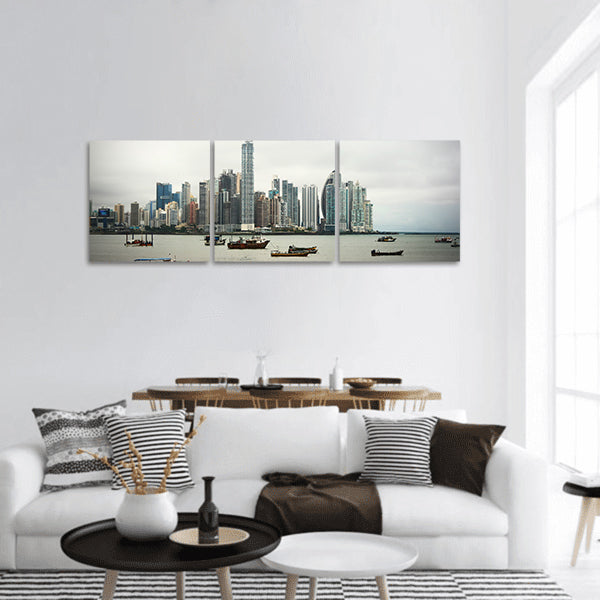 Old boats at Modern City. Panama City view panoramic canvas wall art