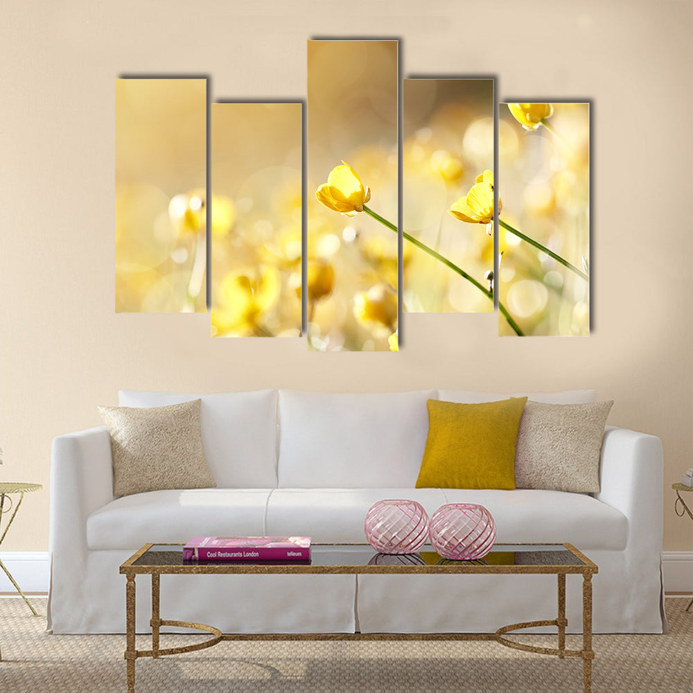 Yellow flowers of a buttercup on a meadow lit with the sun Multi Panel Canvas Wall Art