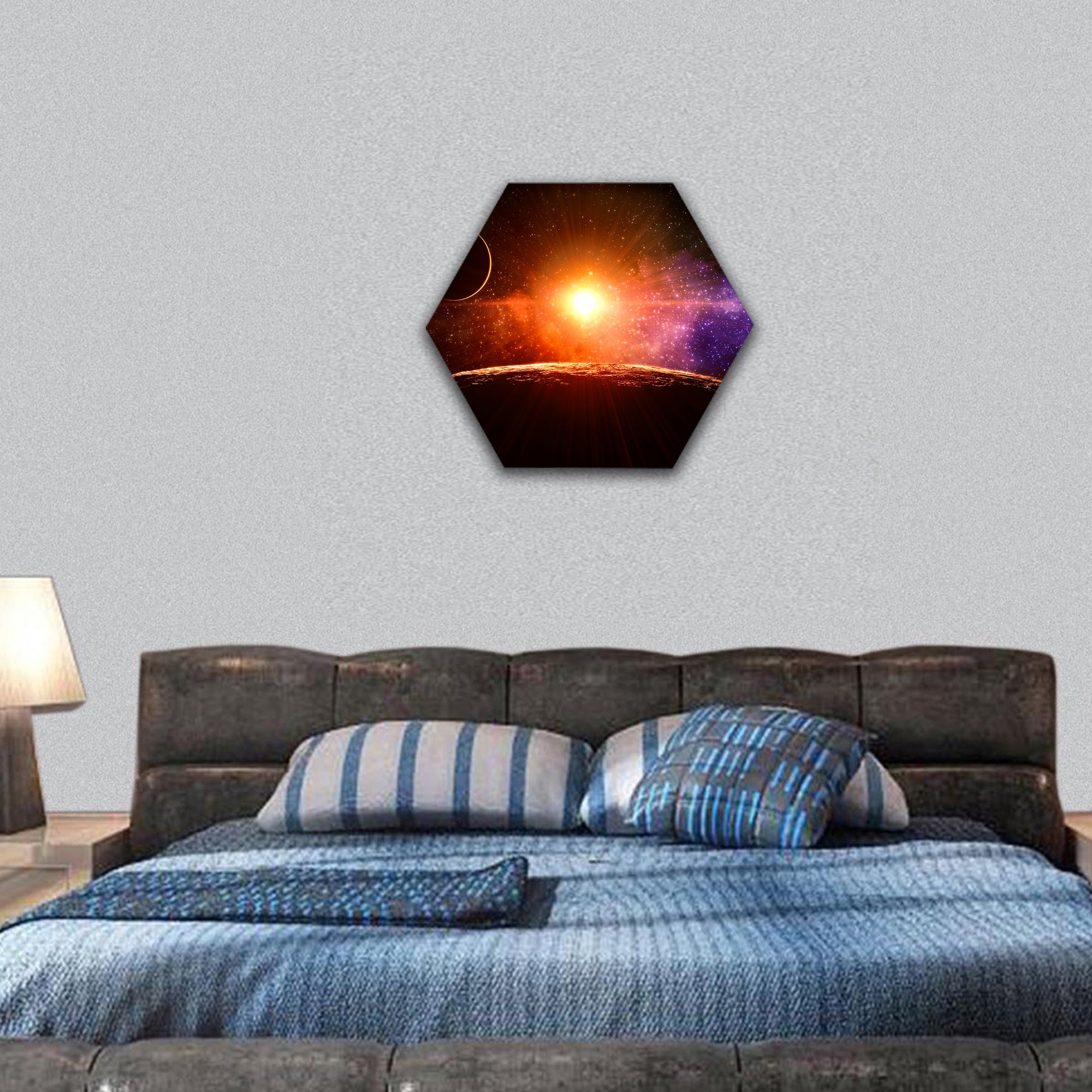 Dawn on the moon orbiting and Sun-like star hexagonal canvas wall art