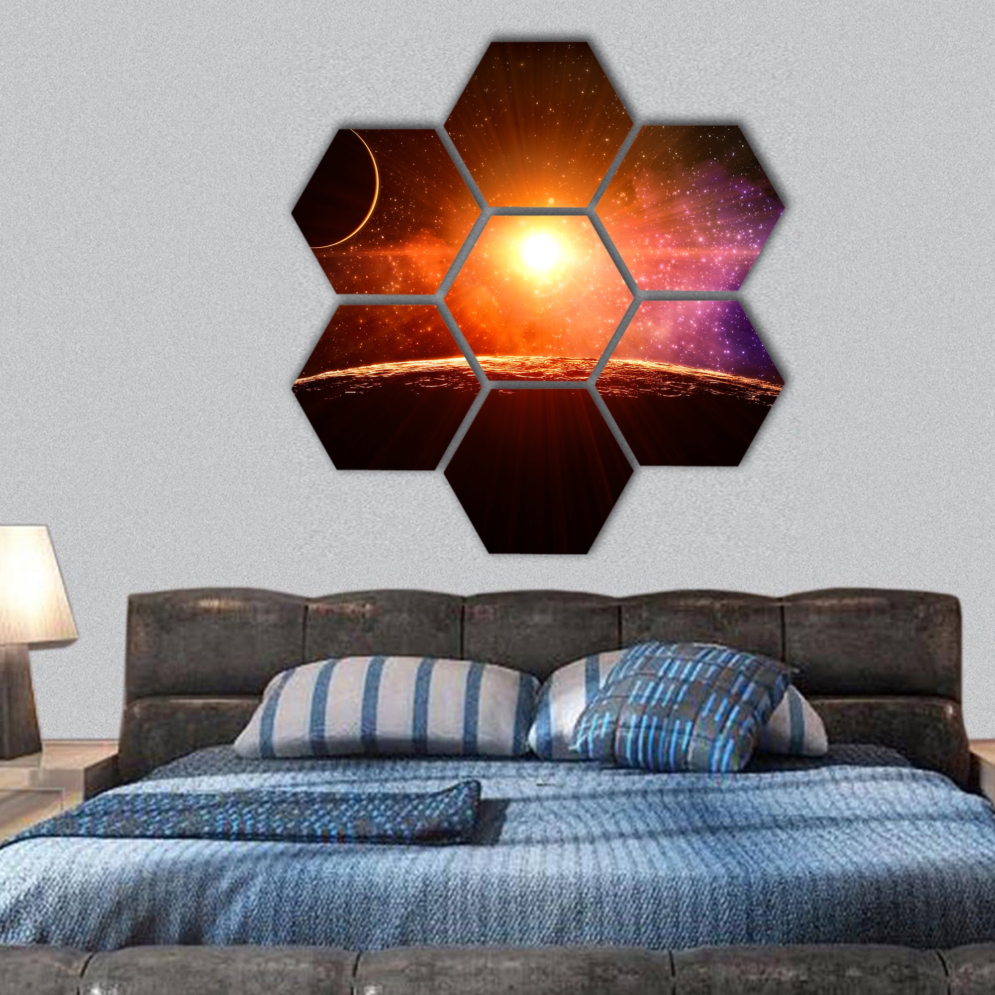 Dawn on the moon orbiting and Sun-like star hexagonal canvas wall art
