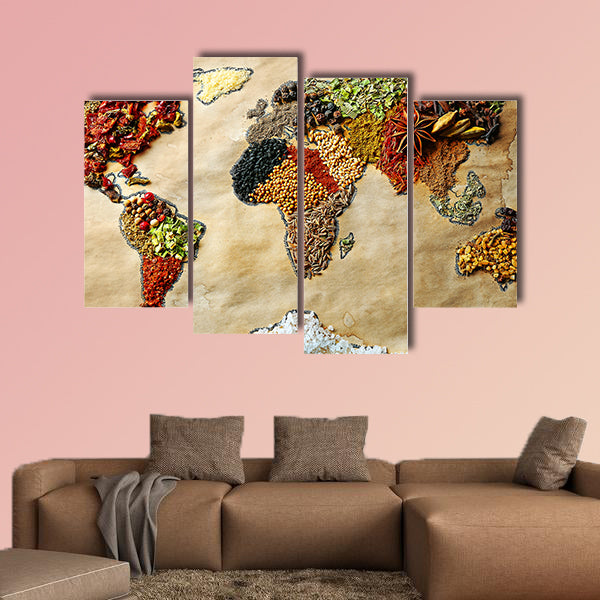 Map of world made from different kinds of spices, close-up multi panel canvas wall art