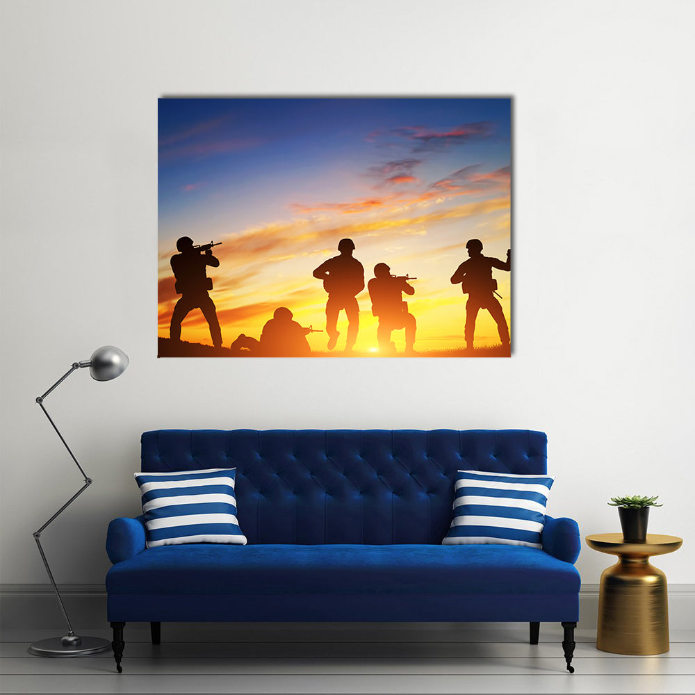 Soldiers Shooting With Weapons In An Exercise With A Rifle At Sunset, Multi Panel Canvas Wall Art
