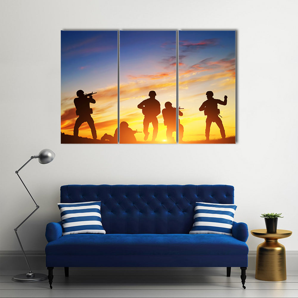 Soldiers Shooting With Weapons In An Exercise With A Rifle At Sunset, Multi Panel Canvas Wall Art