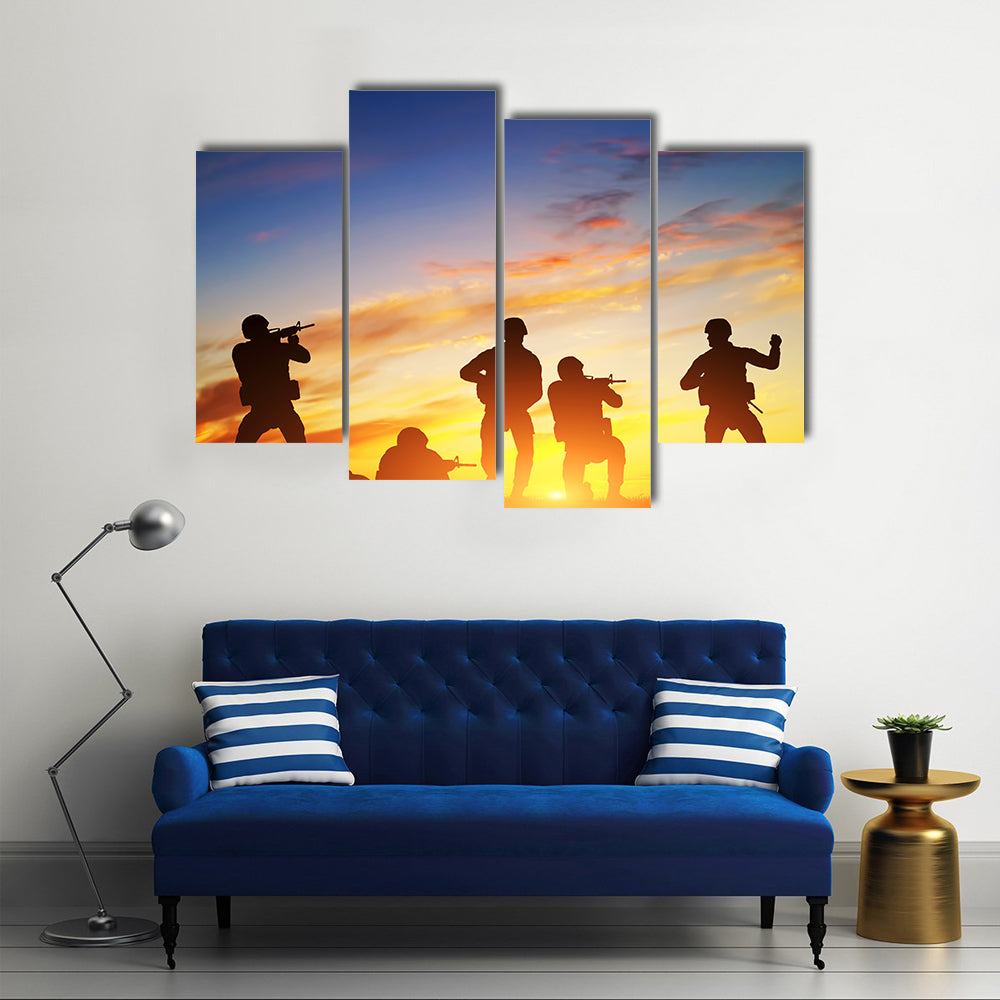 Soldiers Shooting With Weapons In An Exercise With A Rifle At Sunset, Multi Panel Canvas Wall Art
