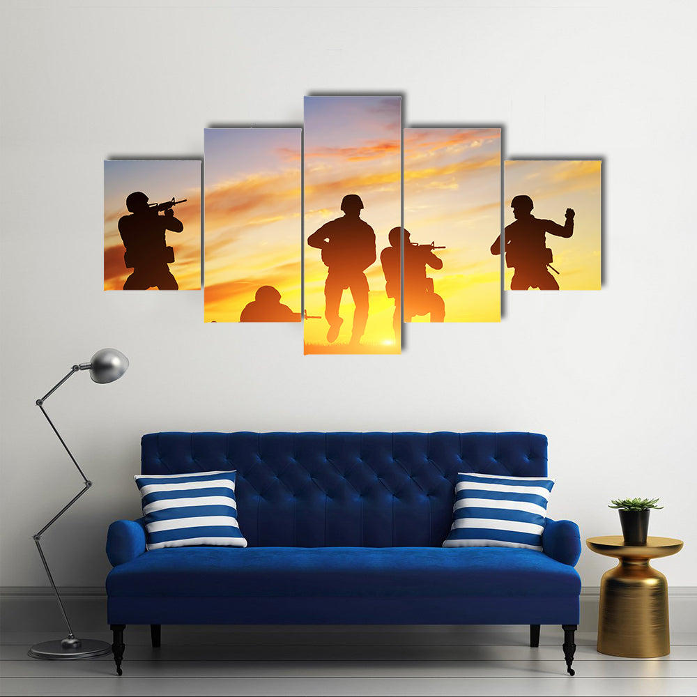 Soldiers Shooting With Weapons In An Exercise With A Rifle At Sunset, Multi Panel Canvas Wall Art