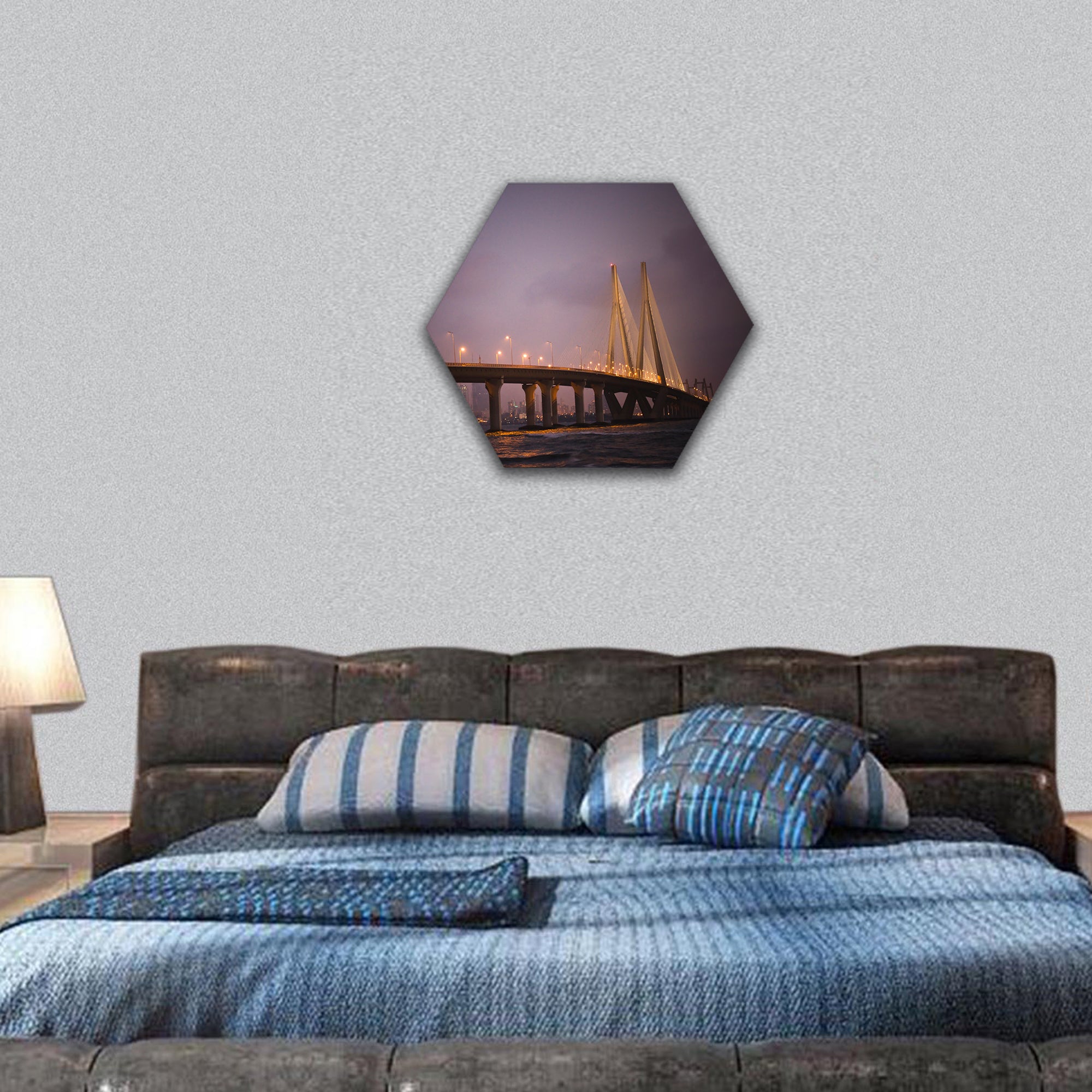 Night View of Bandra-Worli Sea Link from Bandra Fort hexagonal canvas wall art