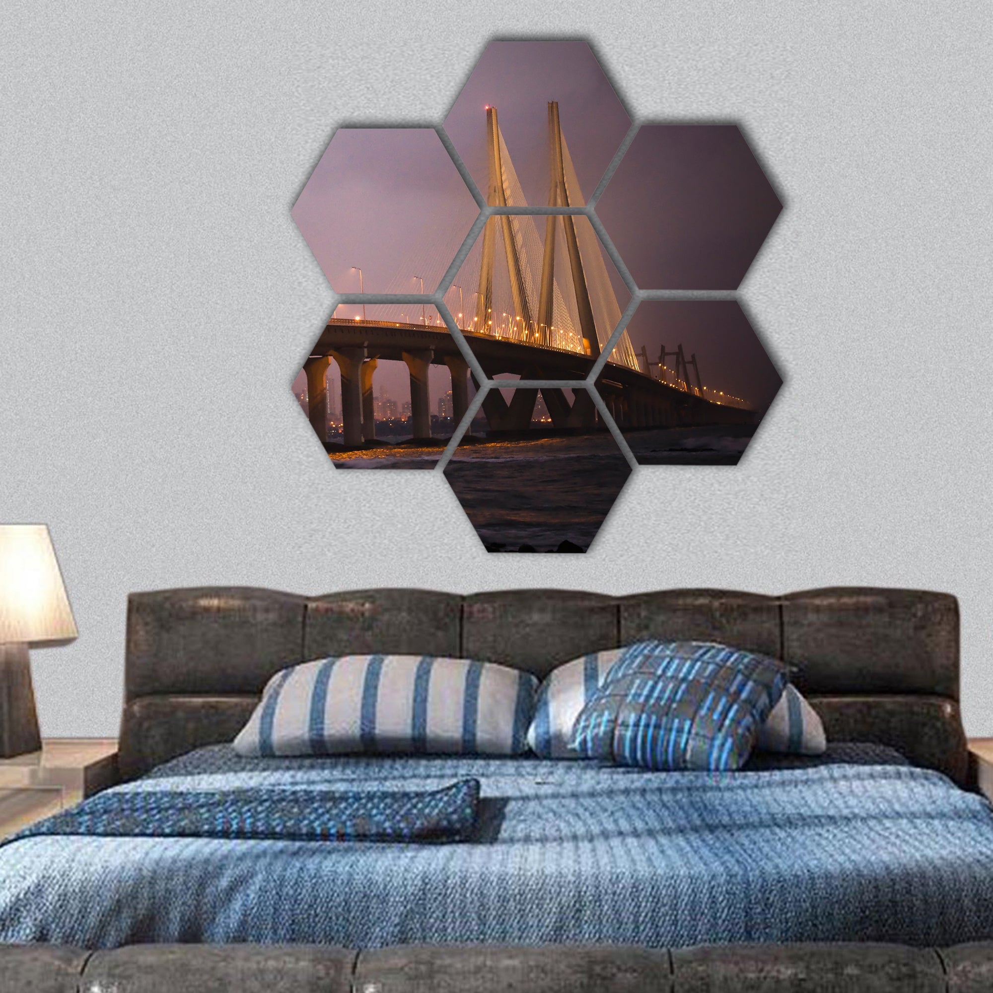 Night View of Bandra-Worli Sea Link from Bandra Fort hexagonal canvas wall art