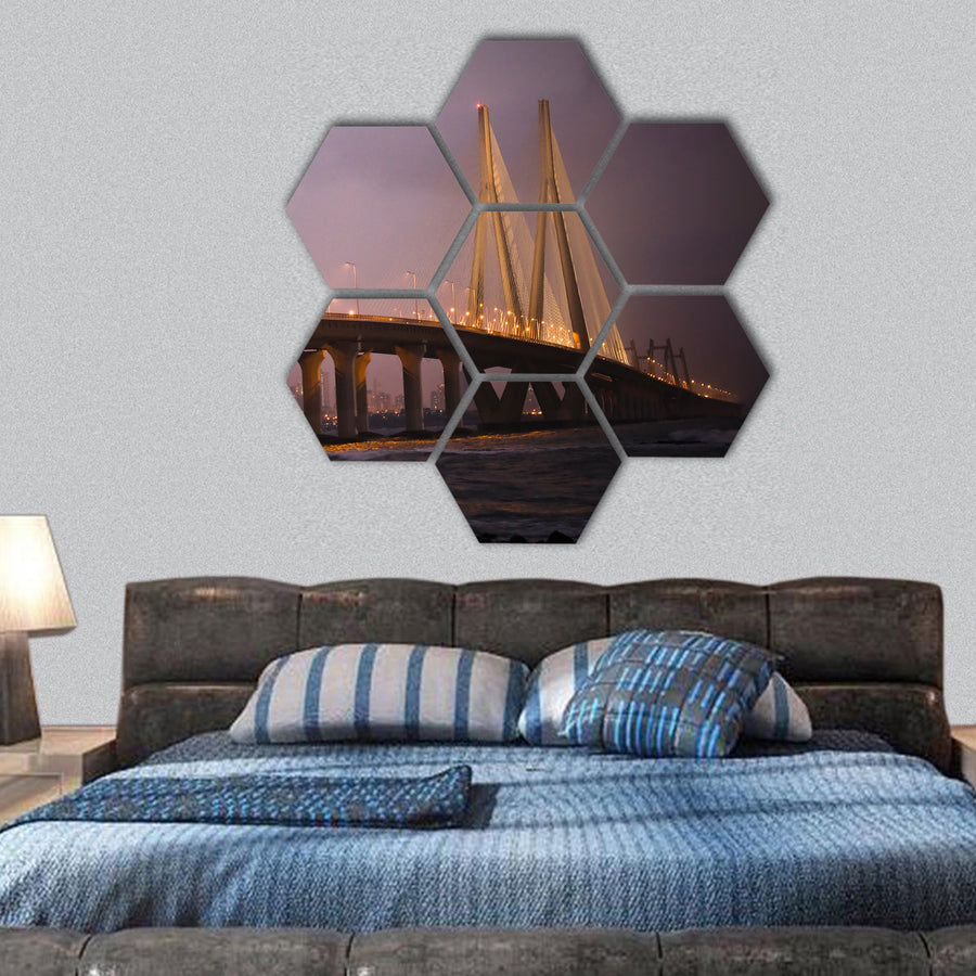Night View of Bandra-Worli Sea Link from Bandra Fort hexagonal canvas wall art