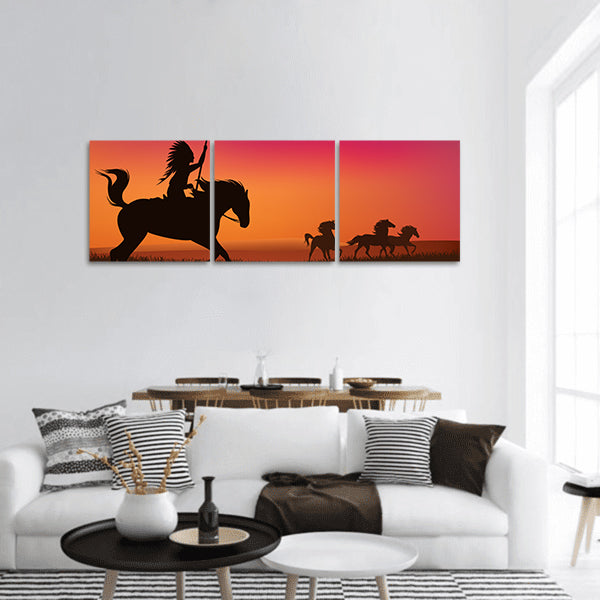 Wild west scene with horses and native american rider panoramic canvas wall art