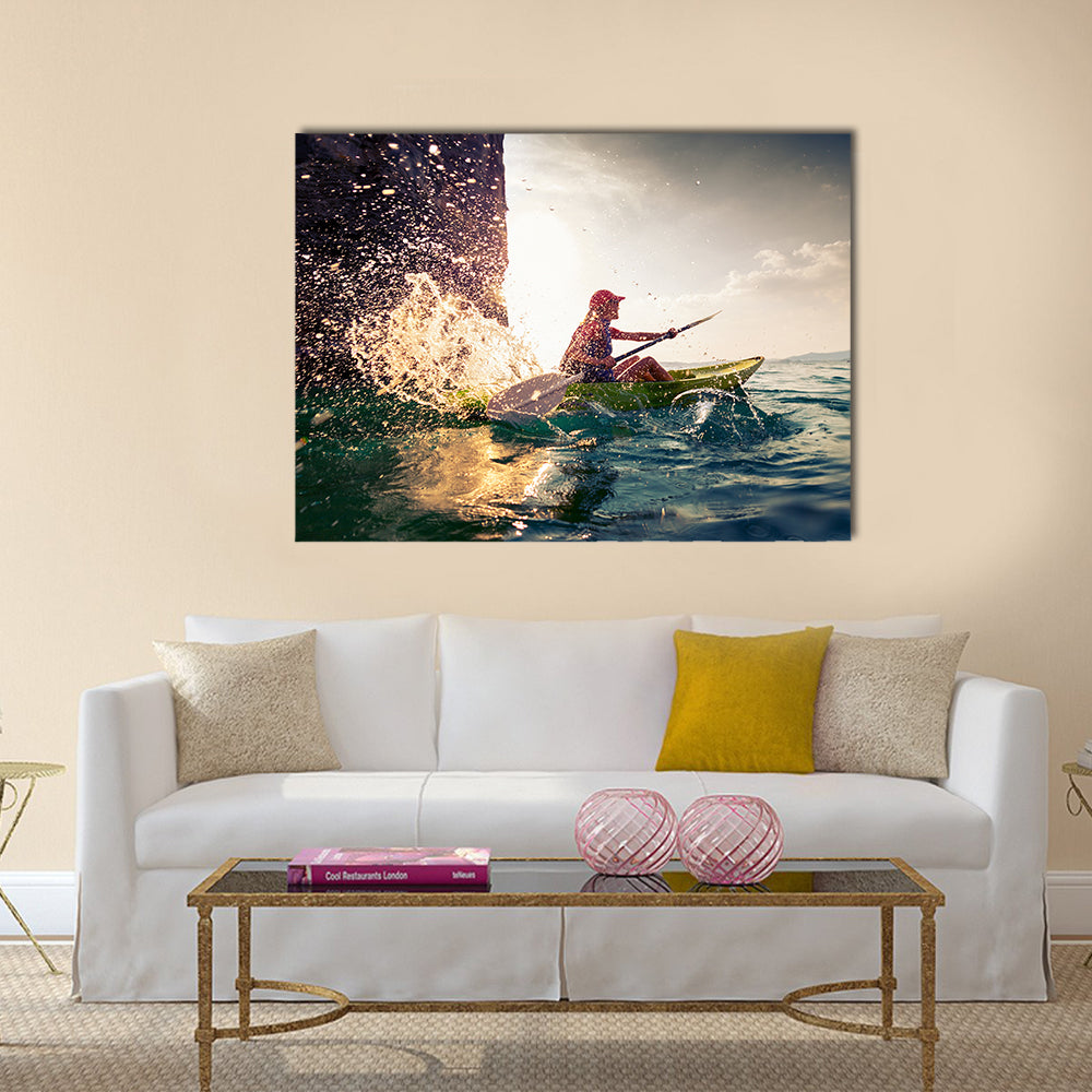 Woman with the kayak multi panel canvas wall art