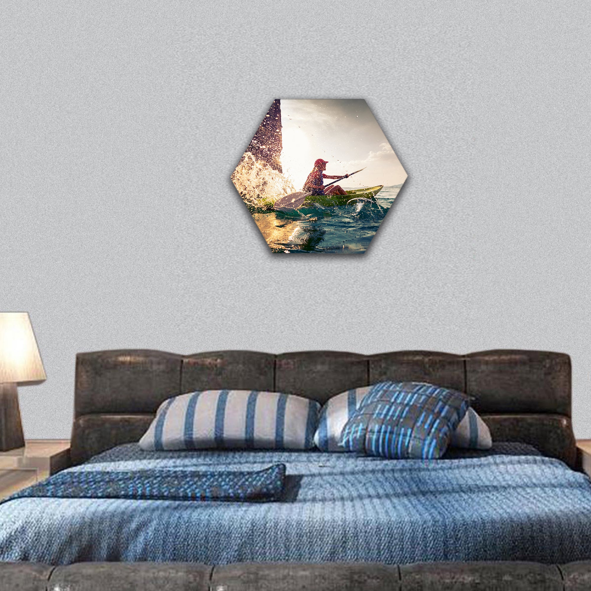 Woman with the kayak hexagonal canvas wall art