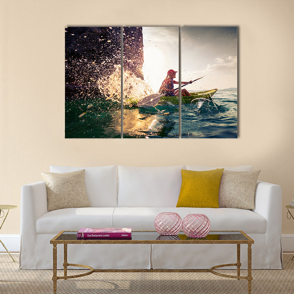 Woman with the kayak multi panel canvas wall art