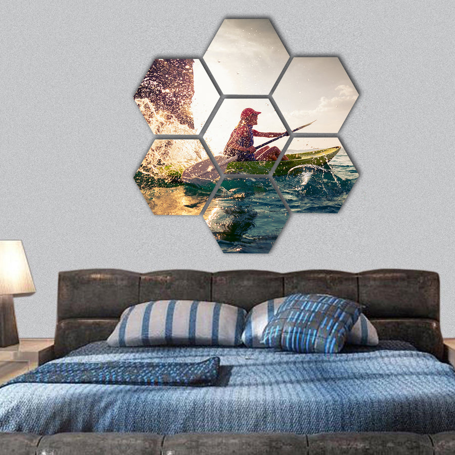 Woman with the kayak hexagonal canvas wall art