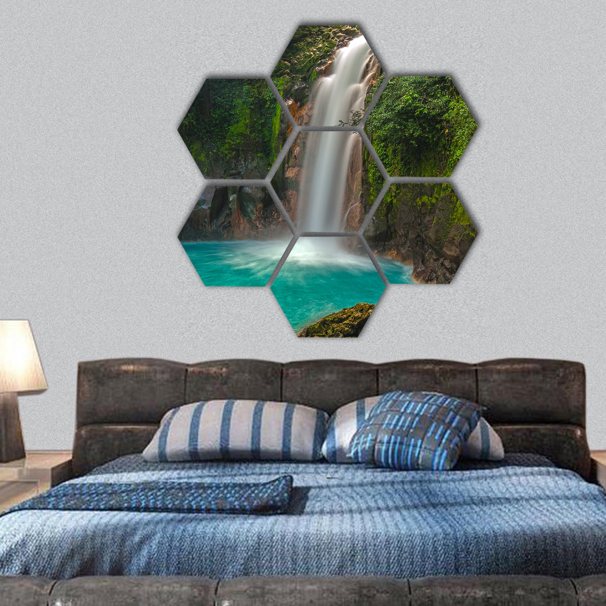 Rio Celeste Waterfall photographed in Costa Rica hexagonal canvas wall art