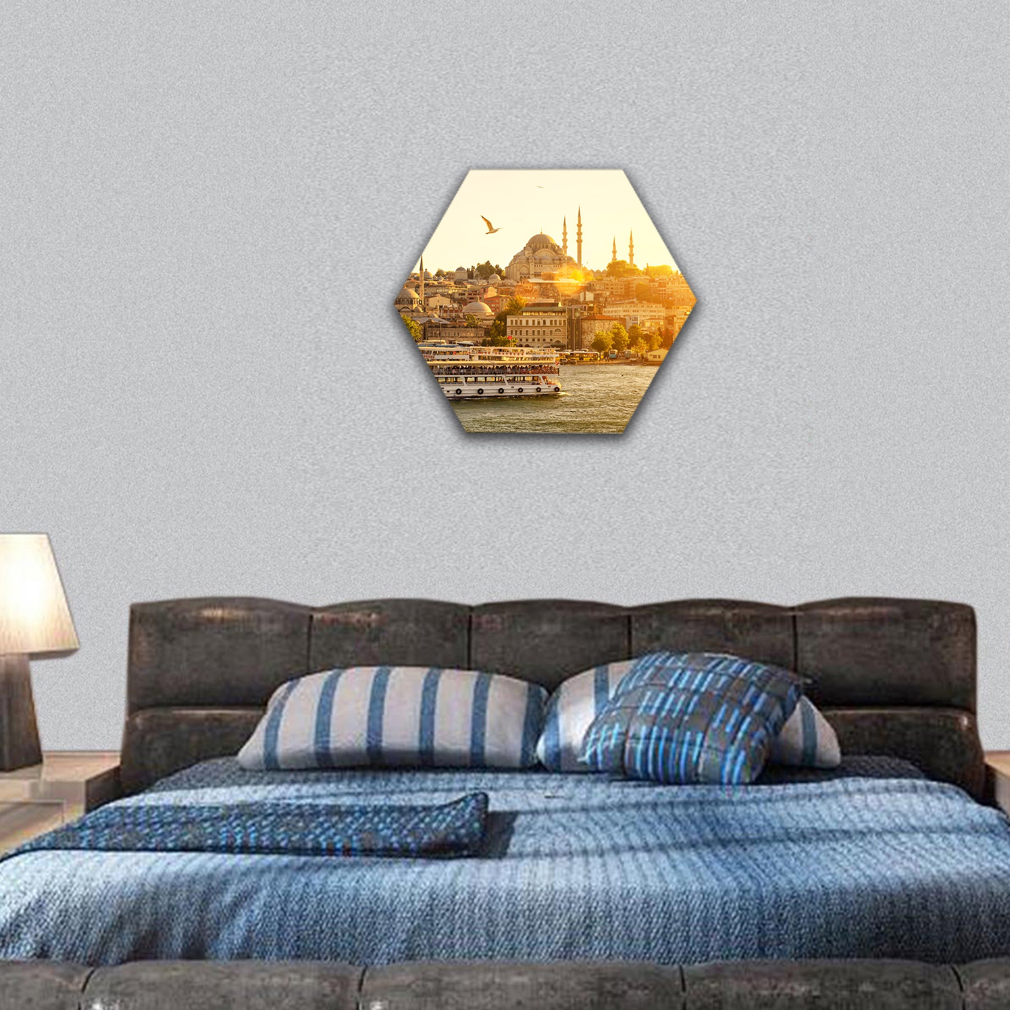 Tourist boat floats on the Golden Horn in Istanbul hexagonal canvas wall art