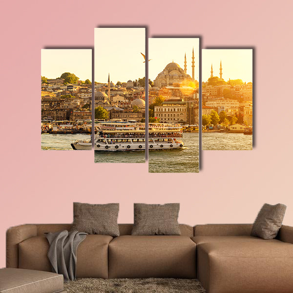 Tourist boat floats on the Golden Horn in Istanbul at sunset, canvas wall art