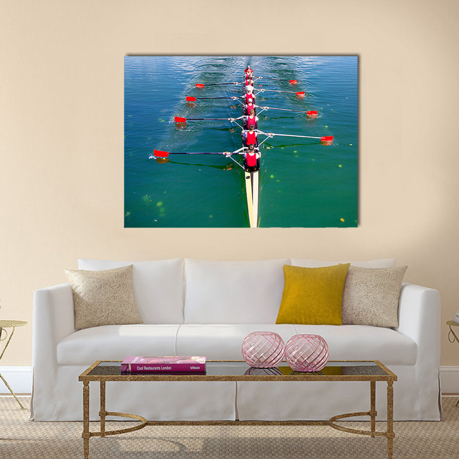 Boat coxed eight Rowers rowing on the blue lake multi panel canvas wall art