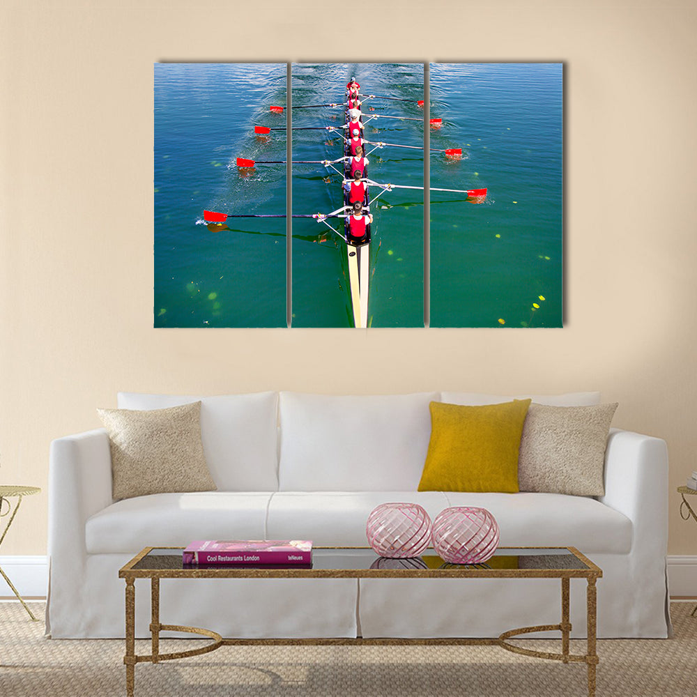 Boat coxed eight Rowers rowing on the blue lake multi panel canvas wall art