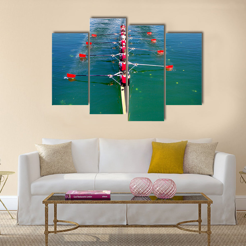 Boat coxed eight Rowers rowing on the blue lake multi panel canvas wall art
