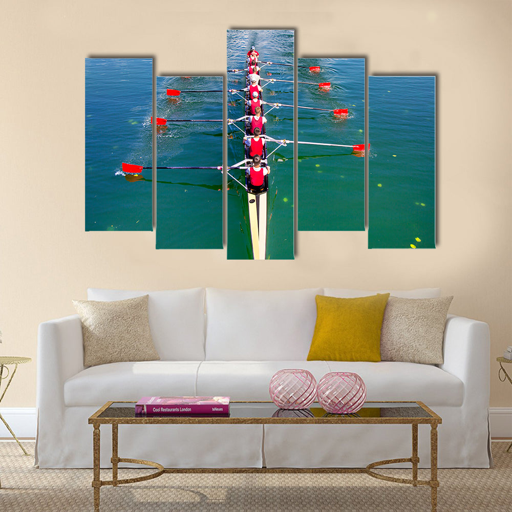 Boat coxed eight Rowers rowing on the blue lake multi panel canvas wall art