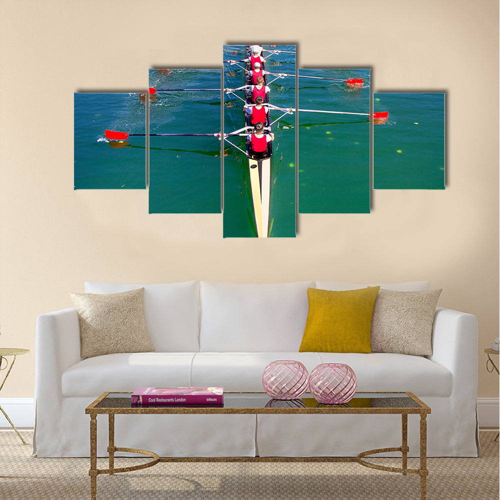Boat coxed eight Rowers rowing on the blue lake multi panel canvas wall art