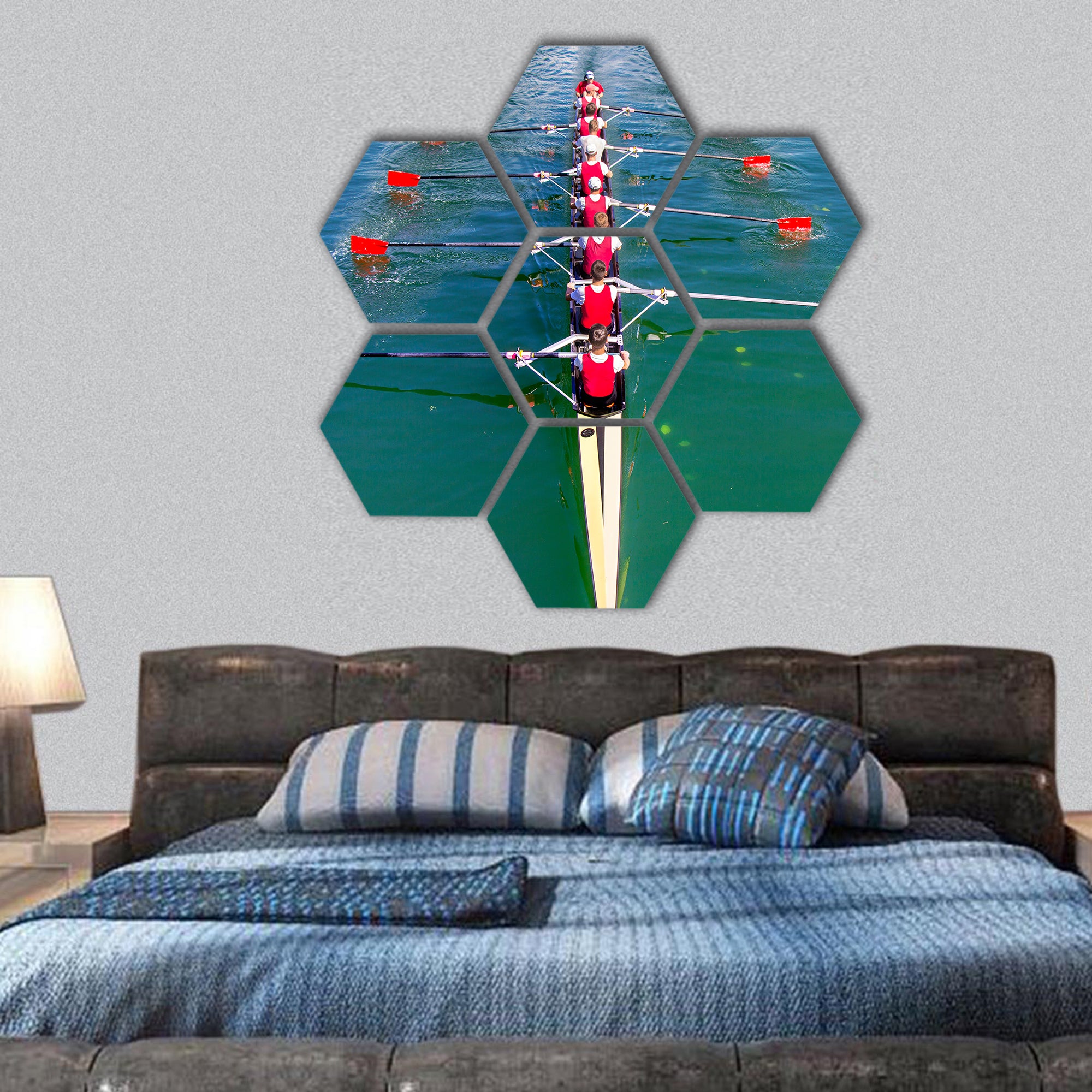 Boat coxed eight Rowers rowing on the blue lake hexagonal canvas wall art
