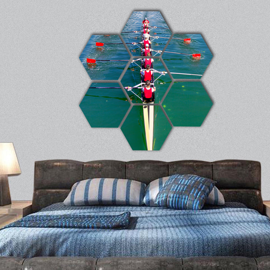 Boat coxed eight Rowers rowing on the blue lake hexagonal canvas wall art