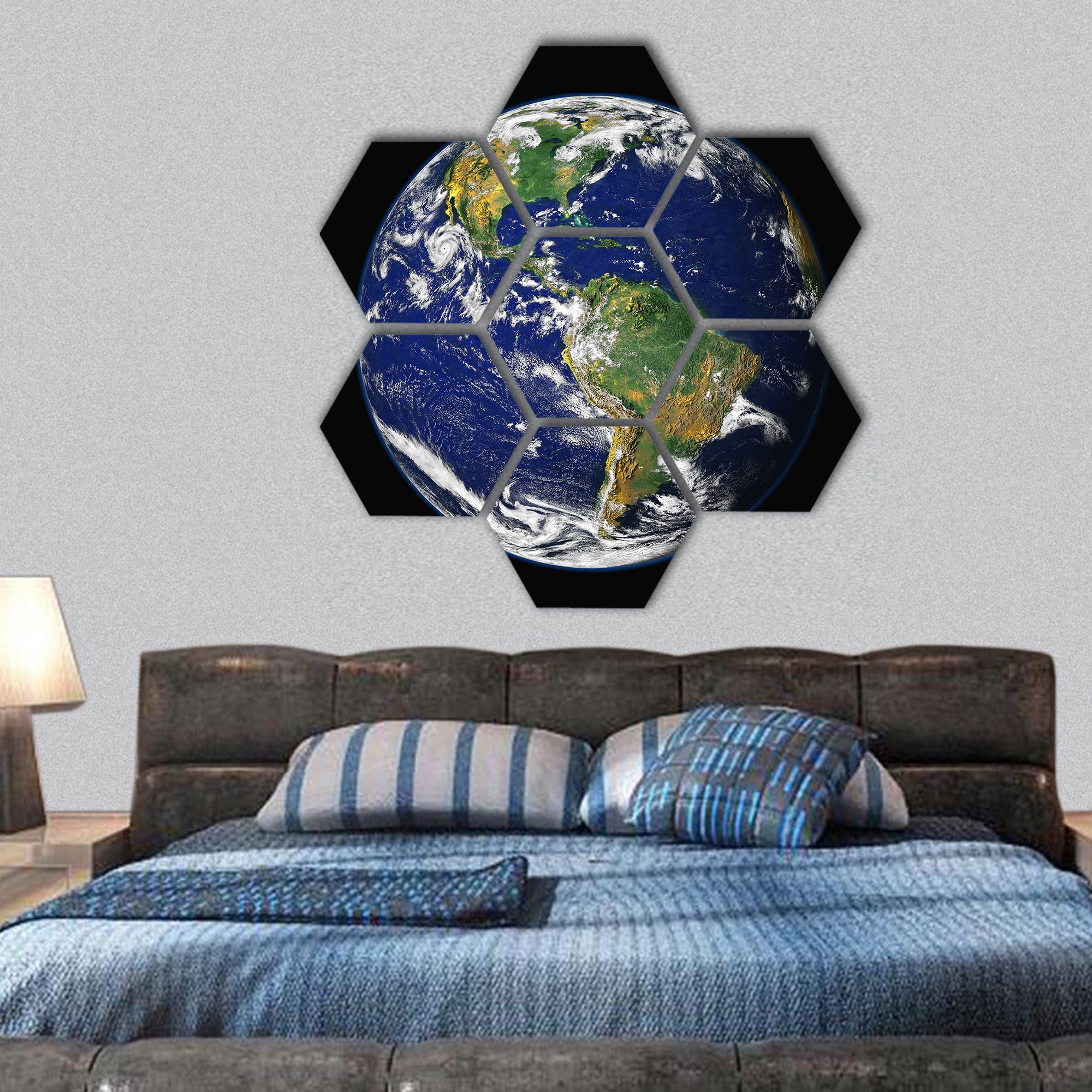 Earth, with a glowing blue atmosphere, moon in a frame hexagonal canvas wall art
