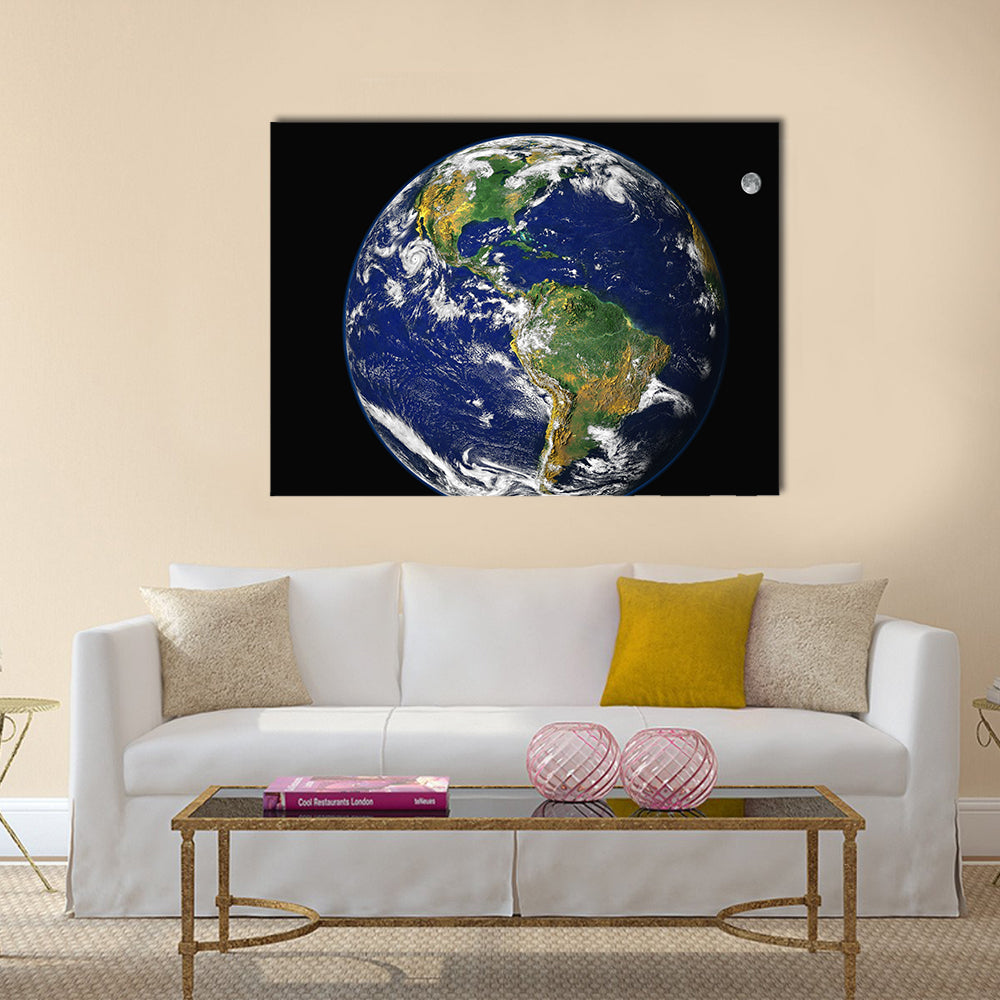 Earth & Moon. America - Montage of the earth, with a glowing blue atmosphere, and the moon in one frame Multi Panel Canvas Wall Art