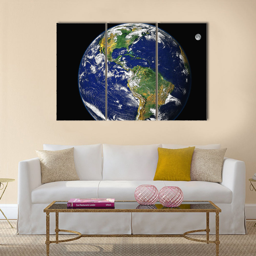 Earth & Moon. America - Montage of the earth, with a glowing blue atmosphere, and the moon in one frame Multi Panel Canvas Wall Art