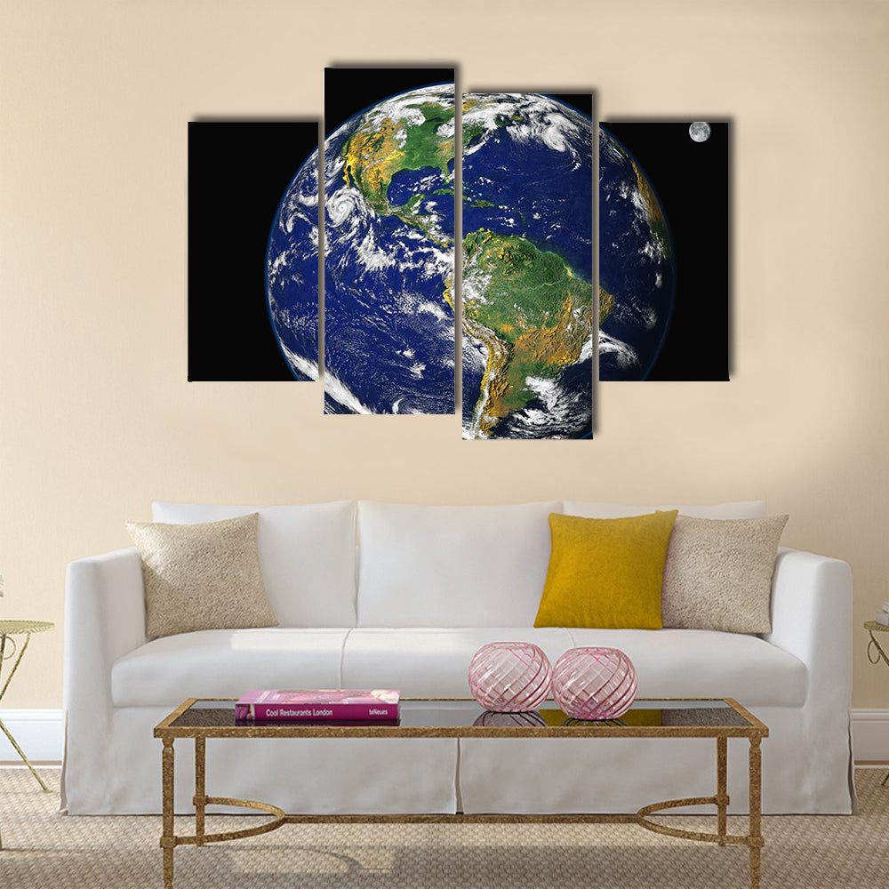 Earth & Moon. America - Montage of the earth, with a glowing blue atmosphere, and the moon in one frame Multi Panel Canvas Wall Art