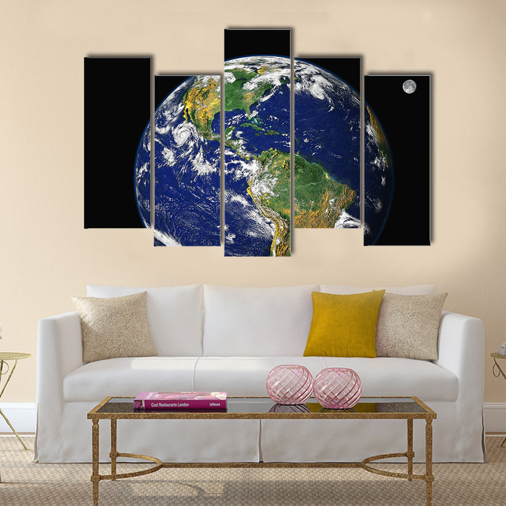 Earth & Moon. America - Montage of the earth, with a glowing blue atmosphere, and the moon in one frame Multi Panel Canvas Wall Art