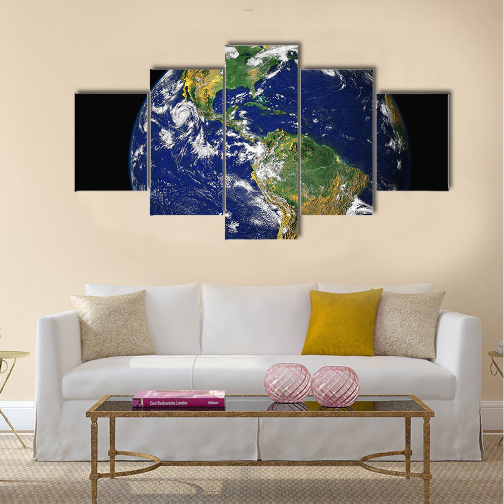 Earth & Moon. America - Montage of the earth, with a glowing blue atmosphere, and the moon in one frame Multi Panel Canvas Wall Art