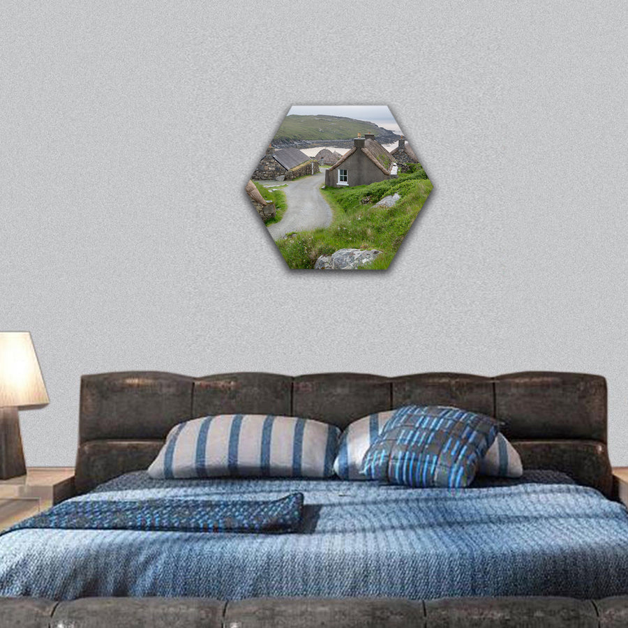 Village of ancient black houses on the Isle of Lewis hexagonal canvas wall art