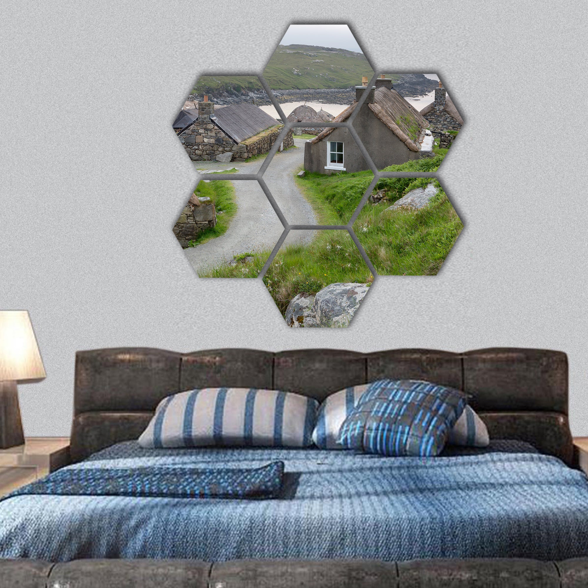Village of ancient black houses on the Isle of Lewis hexagonal canvas wall art