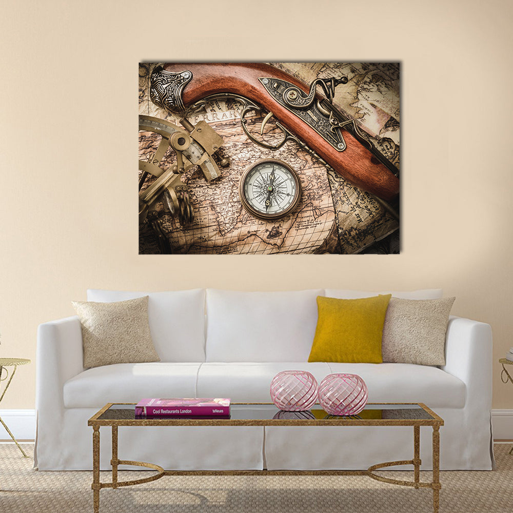 vintage still life with compass,sextant and spyglass multi panel canvas wall art
