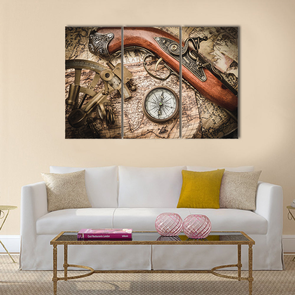 vintage still life with compass,sextant and spyglass multi panel canvas wall art