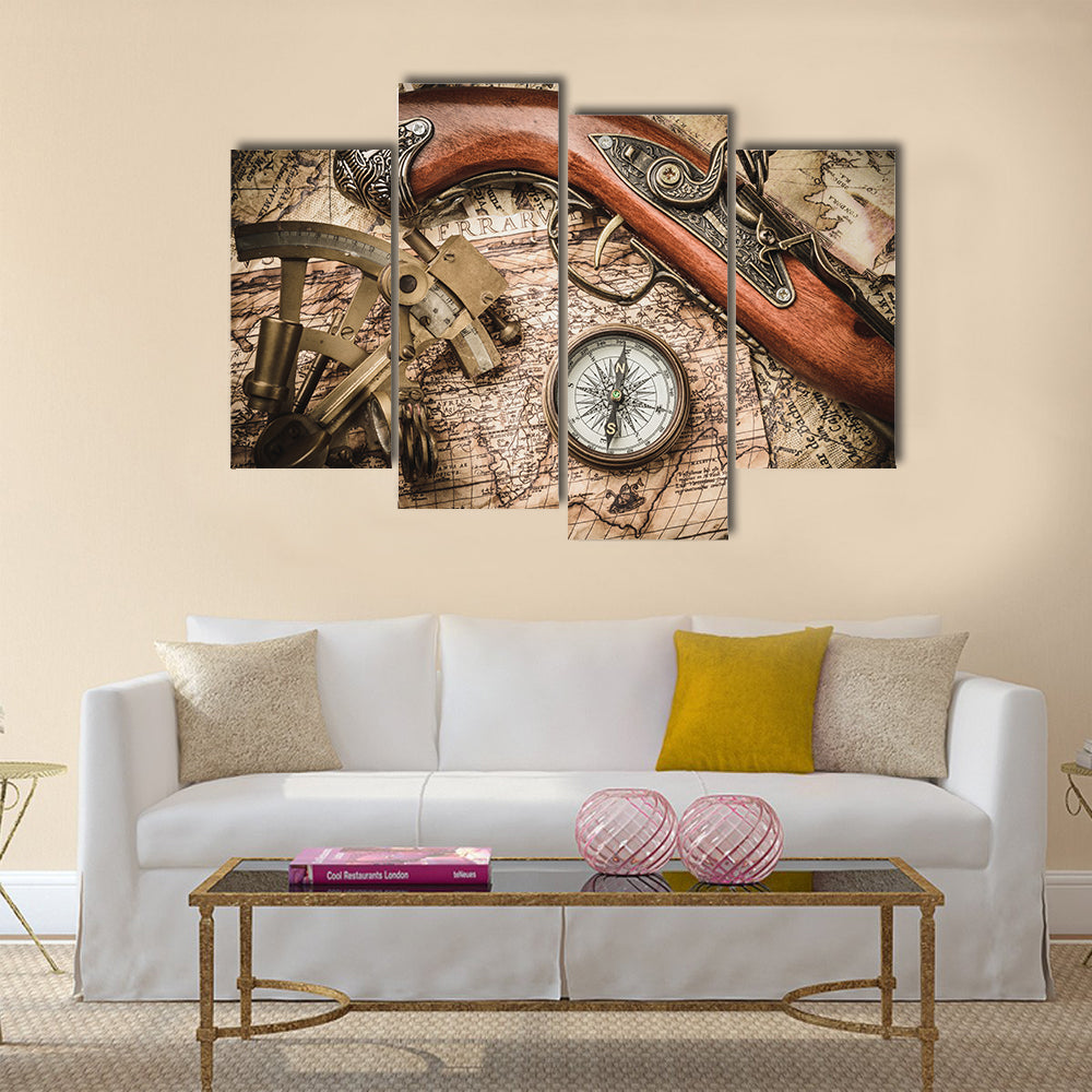 vintage still life with compass,sextant and spyglass multi panel canvas wall art