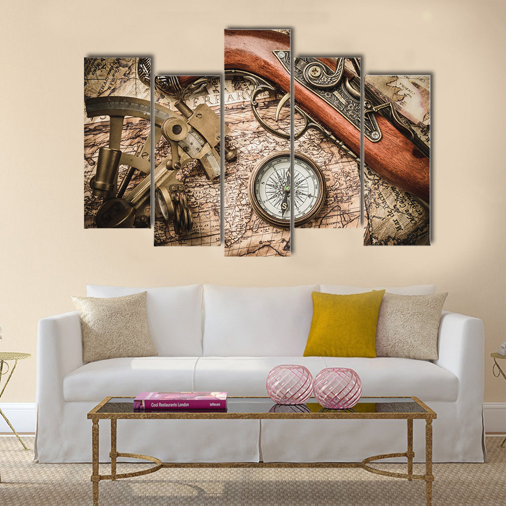 vintage still life with compass,sextant and spyglass multi panel canvas wall art
