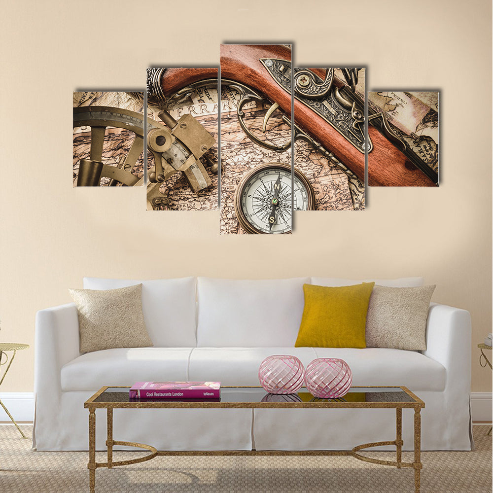 vintage still life with compass,sextant and spyglass multi panel canvas wall art